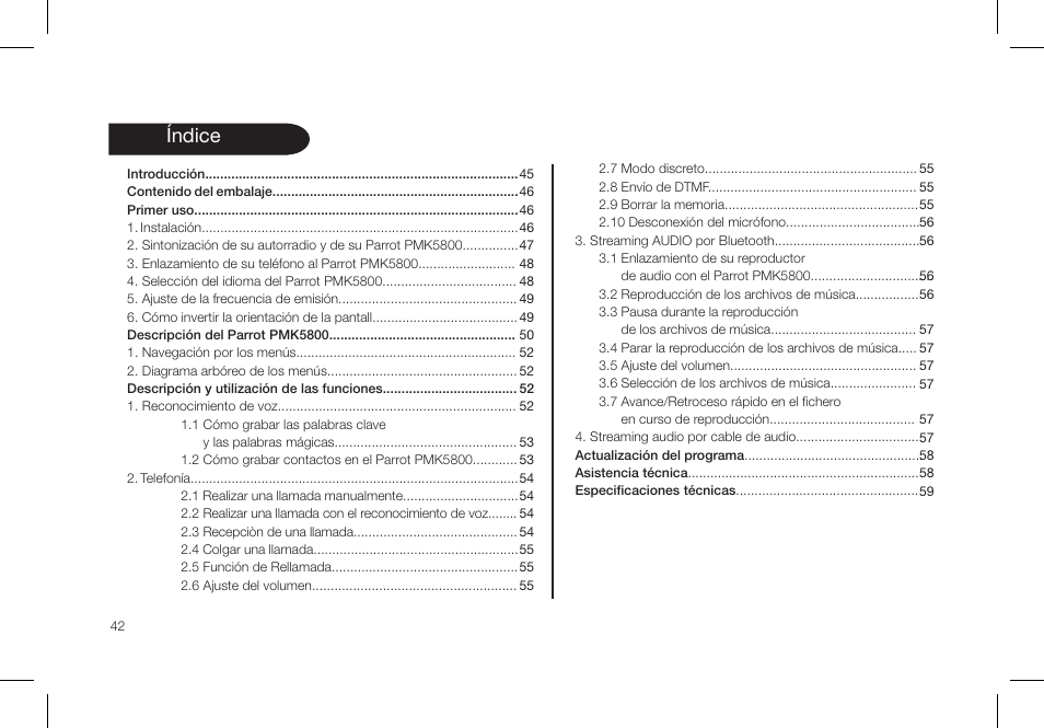 Índice | Parrot PMK5800 User Manual | Page 42 / 136