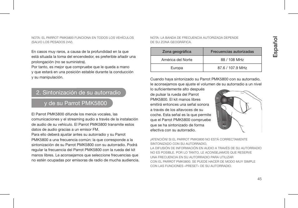 Español | Parrot PMK5800 User Manual | Page 45 / 136