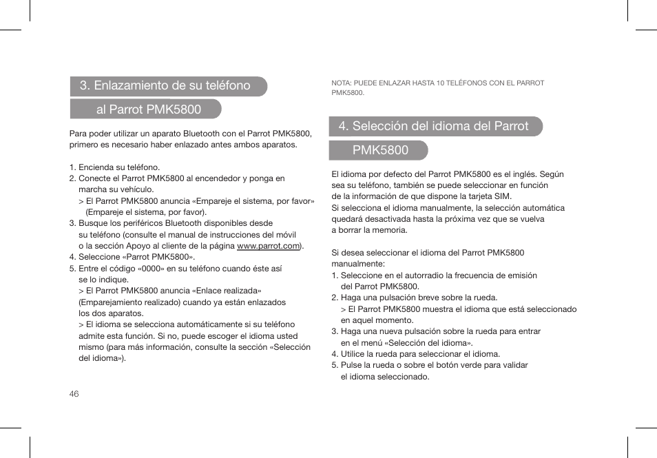 Enlazamiento de su teléfono al parrot pmk5800, Selección del idioma del parrot pmk5800 | Parrot PMK5800 User Manual | Page 46 / 136