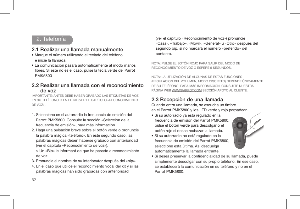 Telefonía, Description du parrot pmk5800 | Parrot PMK5800 User Manual | Page 52 / 136