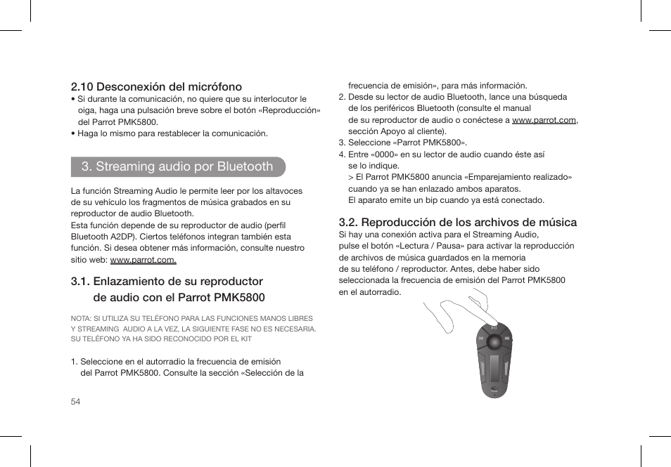 Streaming audio por bluetooth | Parrot PMK5800 User Manual | Page 54 / 136