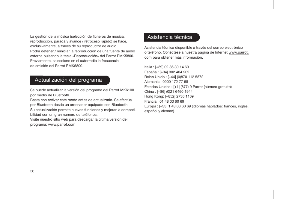 Actualización del programa, Asistencia técnica | Parrot PMK5800 User Manual | Page 56 / 136