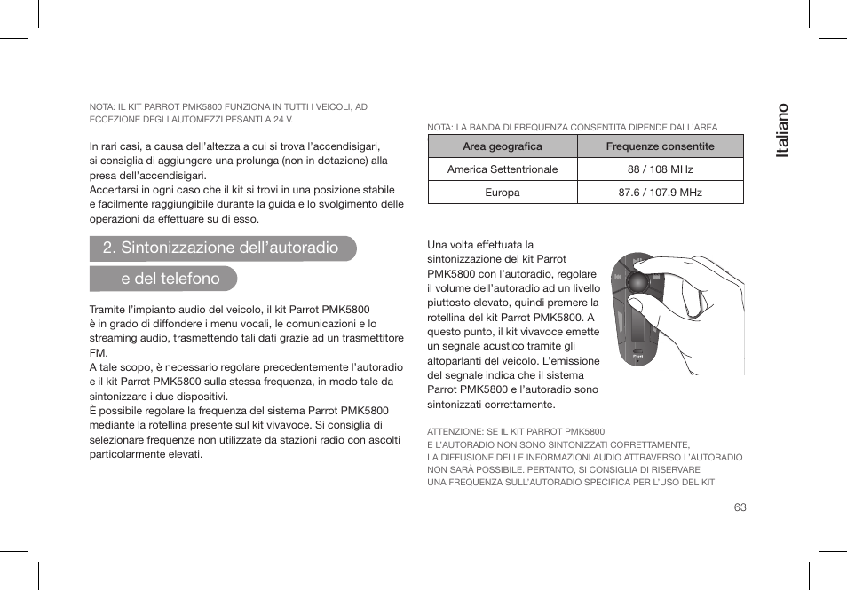 Italiano, Sintonizzazione dell’autoradio e del telefono | Parrot PMK5800 User Manual | Page 63 / 136