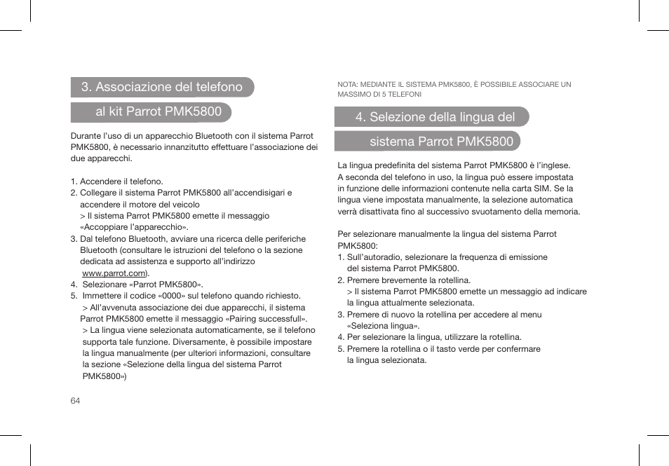 Associazione del telefono al kit parrot pmk5800, Selezione della lingua del sistema parrot pmk5800 | Parrot PMK5800 User Manual | Page 64 / 136