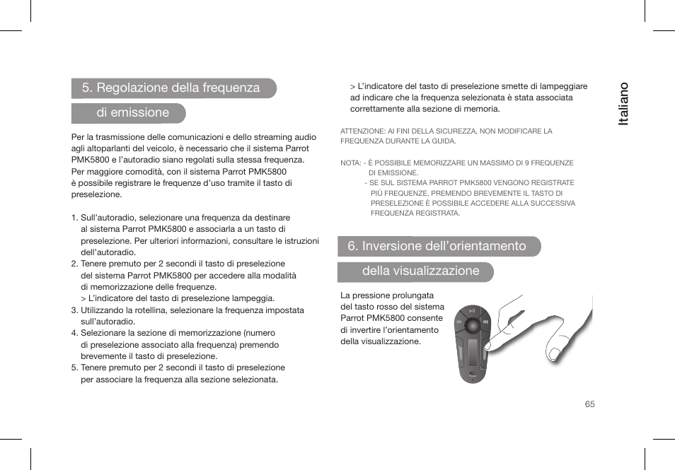 Italiano, Regolazione della frequenza di emissione, Inversione dell’orientamento della visualizzazione | Parrot PMK5800 User Manual | Page 65 / 136