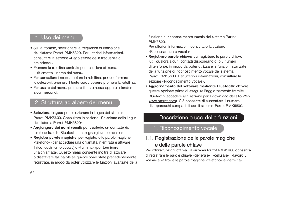 Uso dei menu, Struttura ad albero dei menu | Parrot PMK5800 User Manual | Page 68 / 136