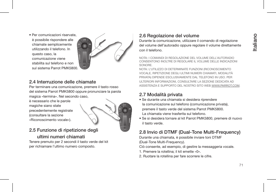Italiano, 4 interruzione delle chiamate, 6 regolazione del volume | 7 modalità privata, 8 invio di dtmf (dual-tone multi-frequency) | Parrot PMK5800 User Manual | Page 71 / 136