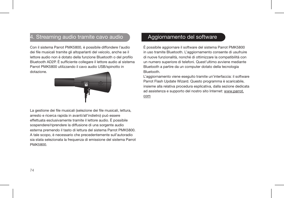 Streaming audio tramite cavo audio, Aggiornamento del software | Parrot PMK5800 User Manual | Page 74 / 136