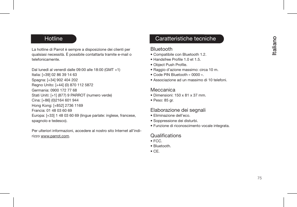 Italiano, Hotline, Caratteristiche tecniche | Parrot PMK5800 User Manual | Page 75 / 136