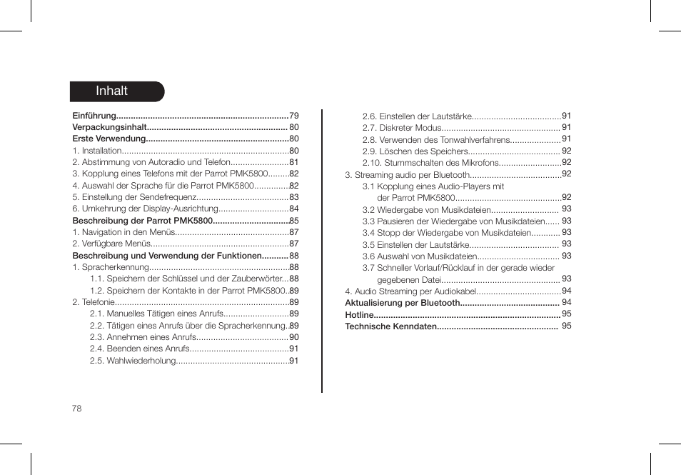 Inhalt | Parrot PMK5800 User Manual | Page 78 / 136