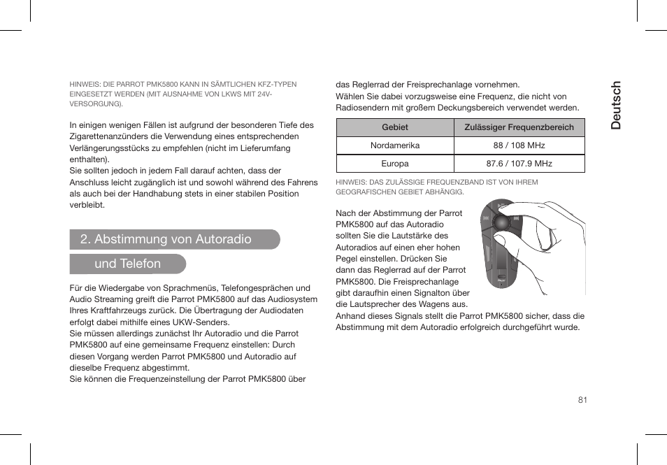 Deutsch, Abstimmung von autoradio und telefon | Parrot PMK5800 User Manual | Page 81 / 136