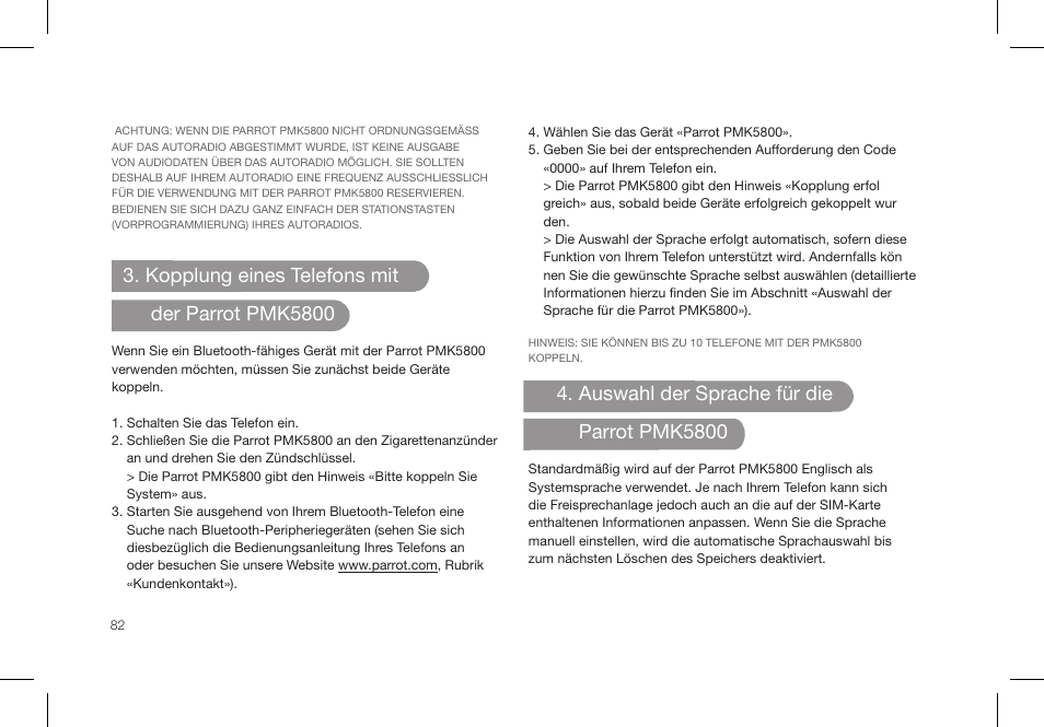 Kopplung eines telefons mit der parrot pmk5800, Auswahl der sprache für die parrot pmk5800 | Parrot PMK5800 User Manual | Page 82 / 136