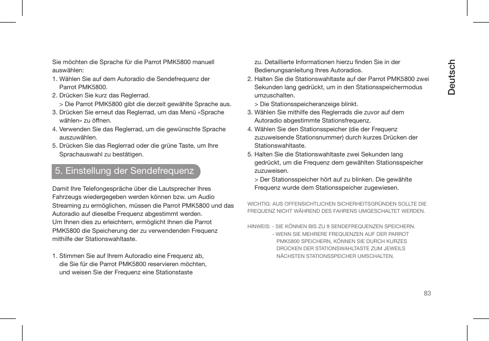Deutsch, Einstellung der sendefrequenz | Parrot PMK5800 User Manual | Page 83 / 136
