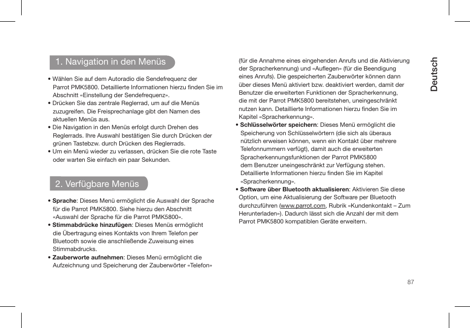 Deutsch, Navigation in den menüs, Verfügbare menüs | Parrot PMK5800 User Manual | Page 87 / 136