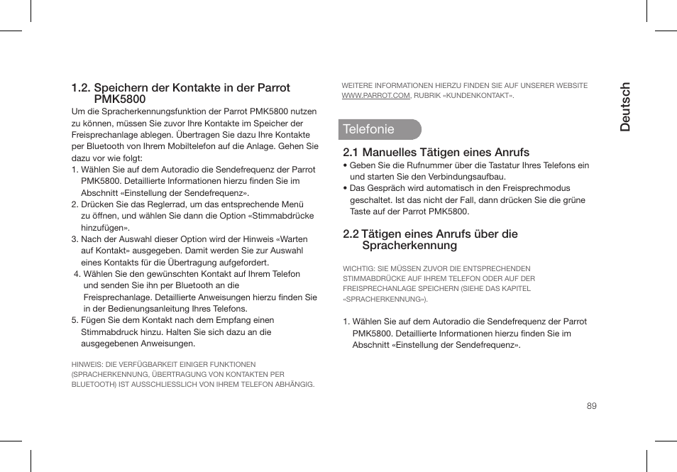 Deutsch, Telefonie | Parrot PMK5800 User Manual | Page 89 / 136