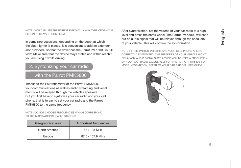 English, Syntonizing your car radio with the parrot pmk5800 | Parrot PMK5800 User Manual | Page 9 / 136