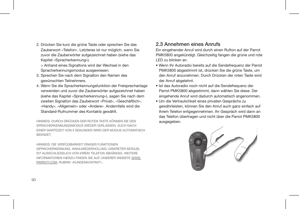 3 annehmen eines anrufs | Parrot PMK5800 User Manual | Page 90 / 136