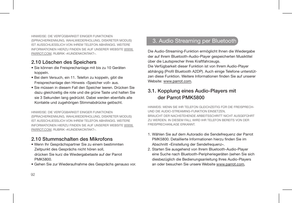 Audio streaming per bluetooth | Parrot PMK5800 User Manual | Page 92 / 136