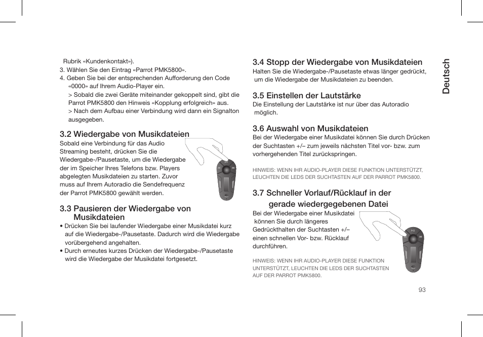 Deutsch, Audio streaming per bluetooth | Parrot PMK5800 User Manual | Page 93 / 136