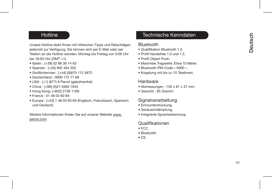 Deutsch, Hotline, Technische kenndaten | Parrot PMK5800 User Manual | Page 95 / 136