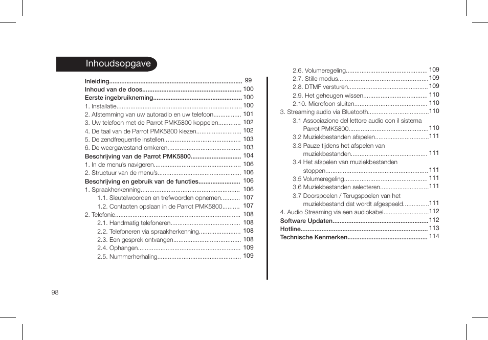 Inhoudsopgave | Parrot PMK5800 User Manual | Page 98 / 136