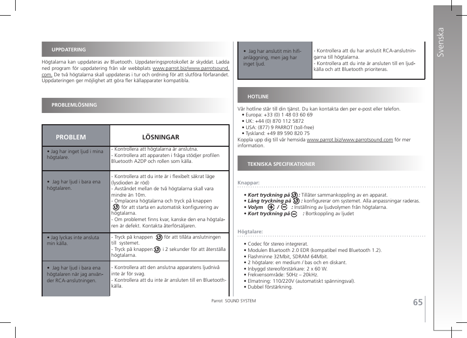 Svenska | Parrot SOUND SYSTEM User Manual | Page 17 / 22