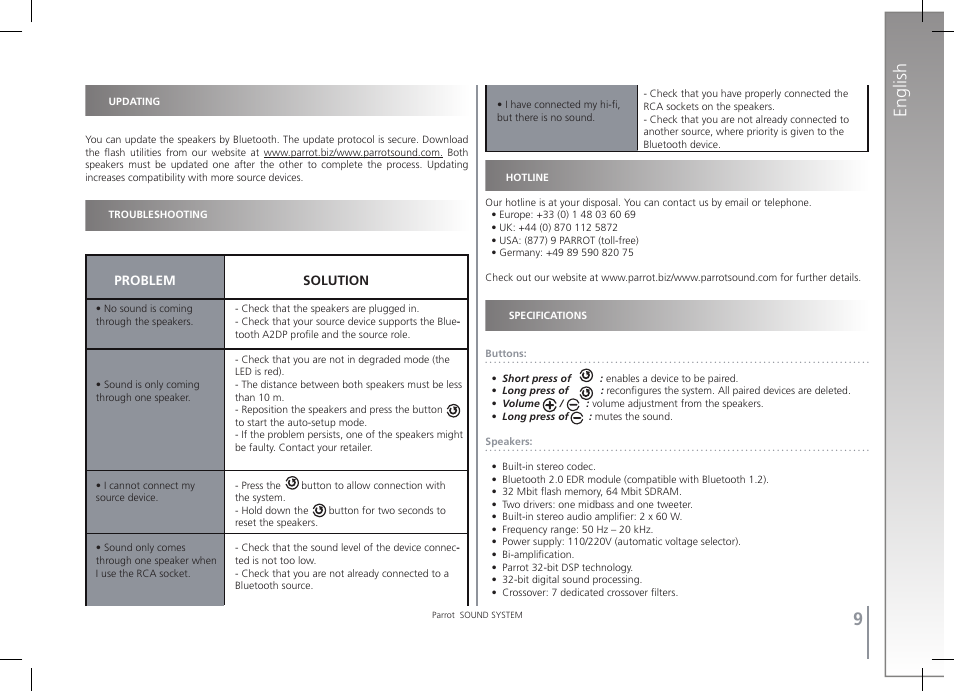 English | Parrot SOUND SYSTEM User Manual | Page 9 / 22