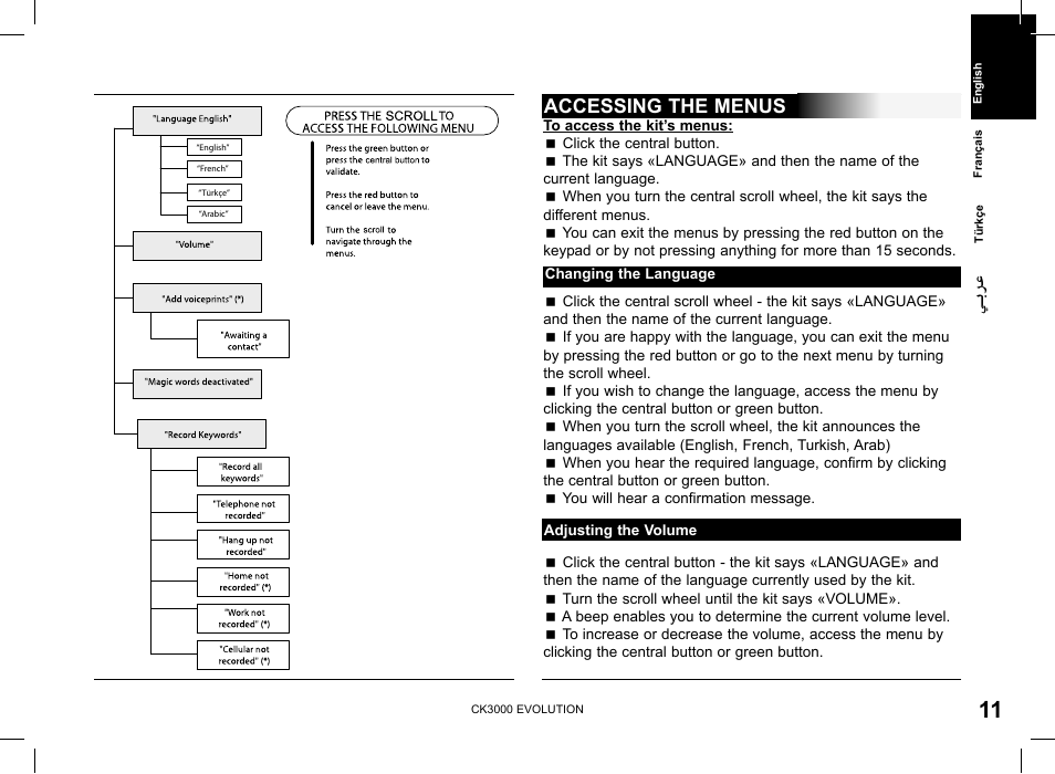 Accessing the menus | Parrot CK 3000 User Manual | Page 11 / 48