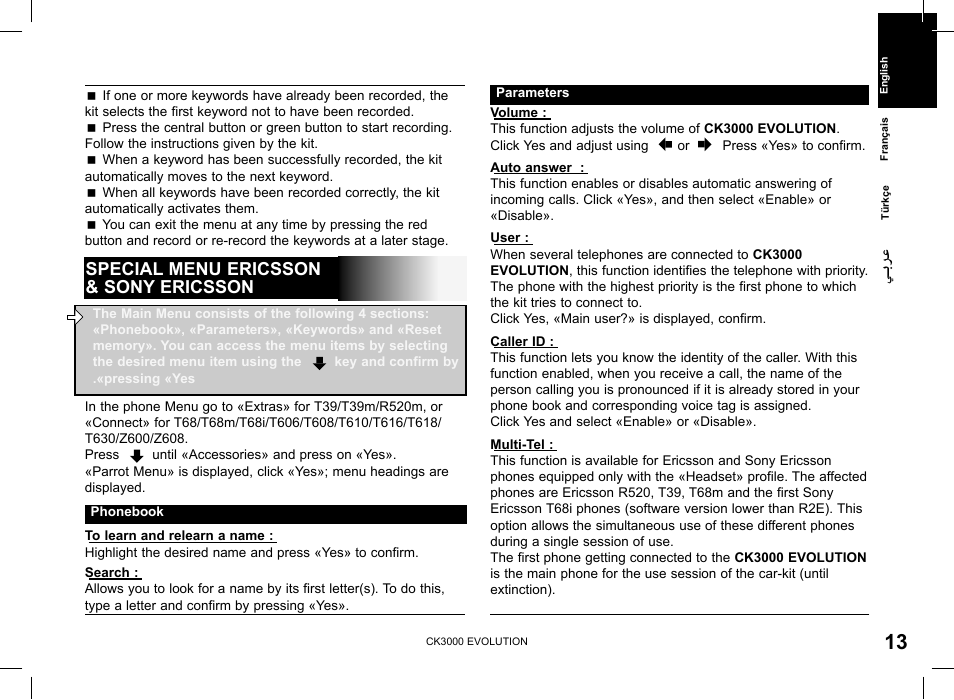 Special menu ericsson & sony ericsson | Parrot CK 3000 User Manual | Page 13 / 48