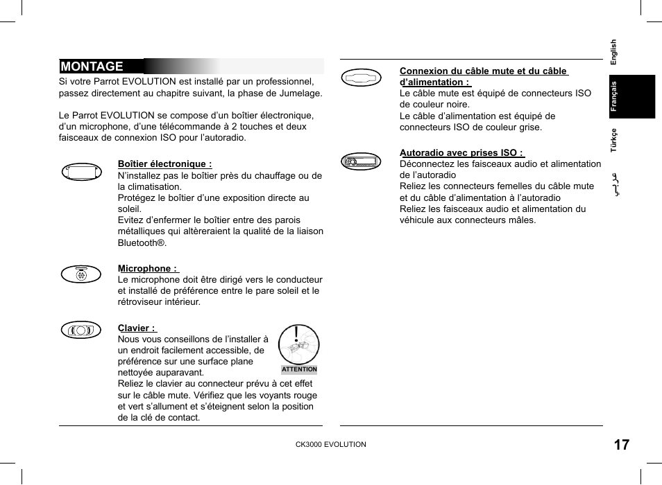 Montage | Parrot CK 3000 User Manual | Page 17 / 48