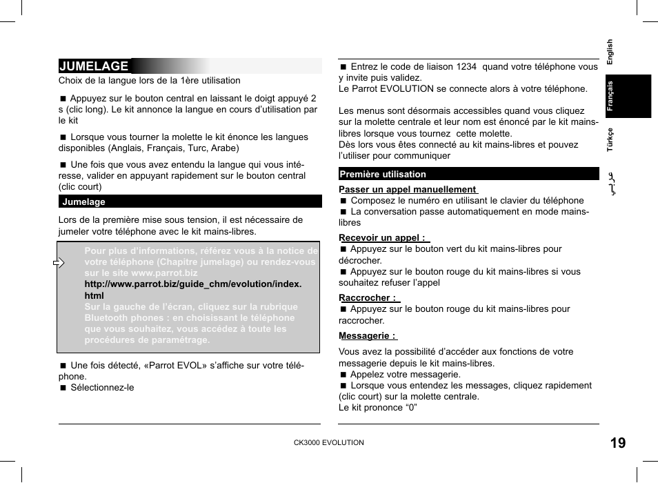 Jumelage | Parrot CK 3000 User Manual | Page 19 / 48