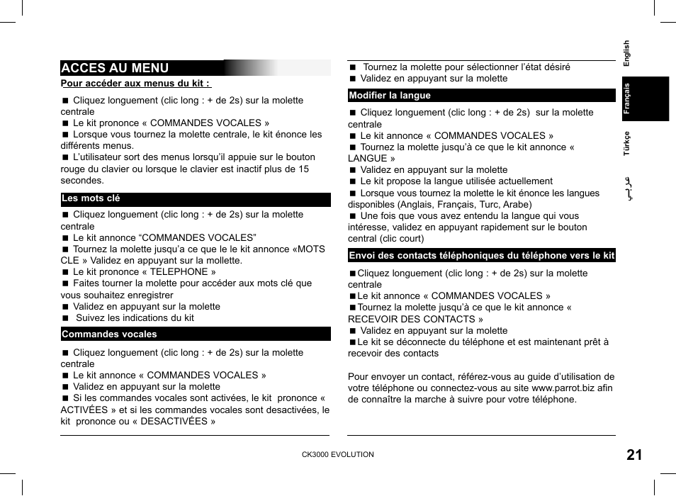 Acces au menu | Parrot CK 3000 User Manual | Page 21 / 48