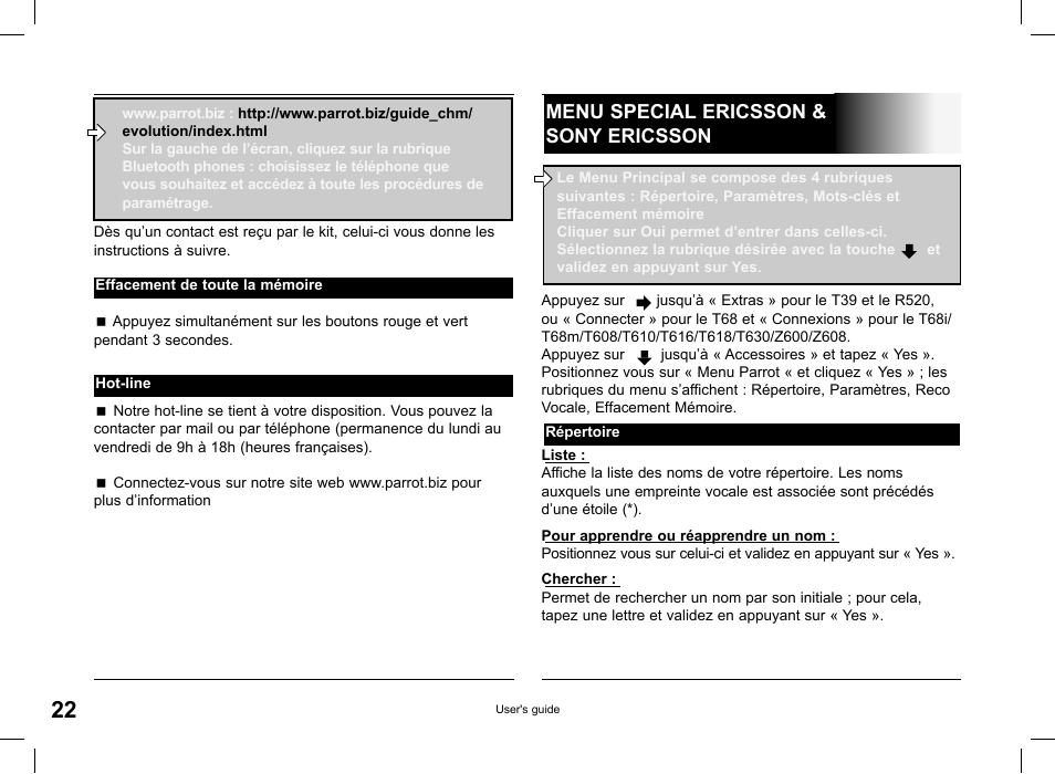 Menu special ericsson & sony ericsson | Parrot CK 3000 User Manual | Page 22 / 48