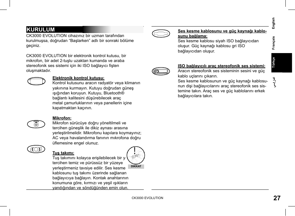 Kurulum | Parrot CK 3000 User Manual | Page 27 / 48