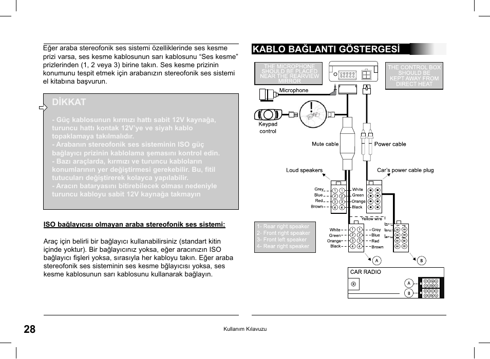 Dikkat, Kablo bağlanti göstergesi | Parrot CK 3000 User Manual | Page 28 / 48