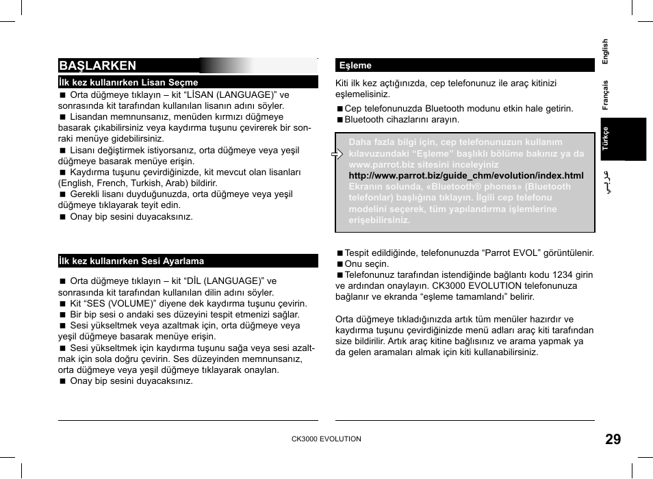 Başlarken | Parrot CK 3000 User Manual | Page 29 / 48