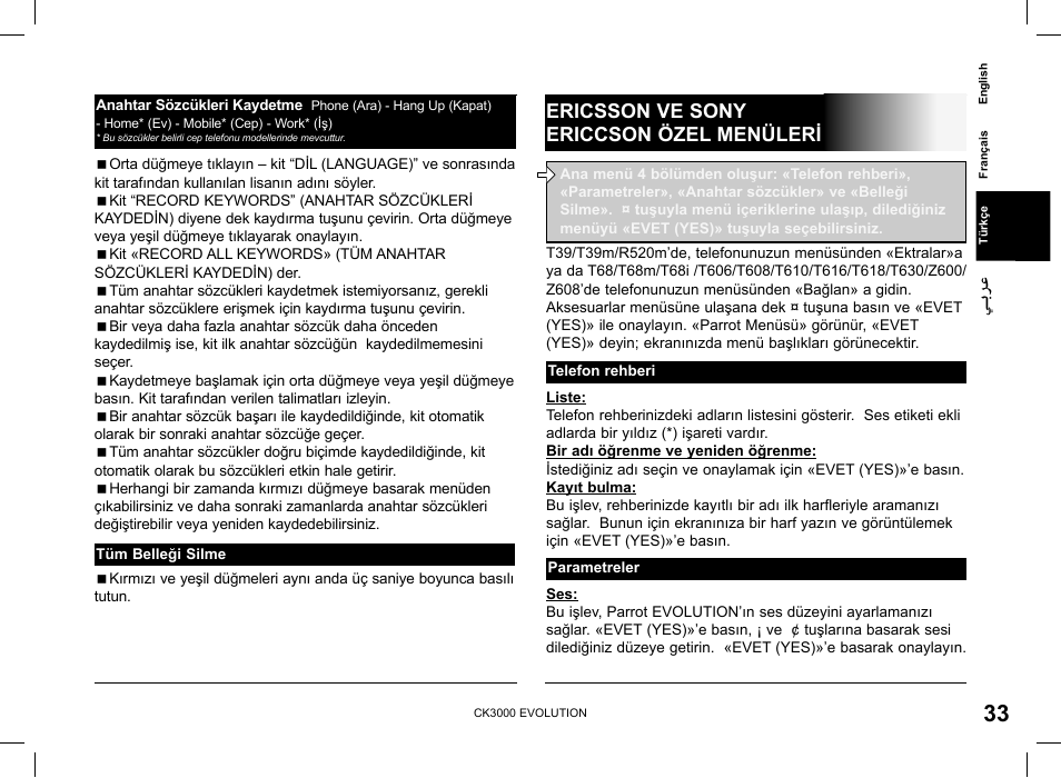 Ericsson ve sony ericcson özel menüleri | Parrot CK 3000 User Manual | Page 33 / 48