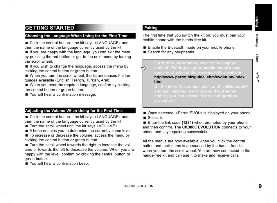 Getting started | Parrot CK 3000 User Manual | Page 9 / 48