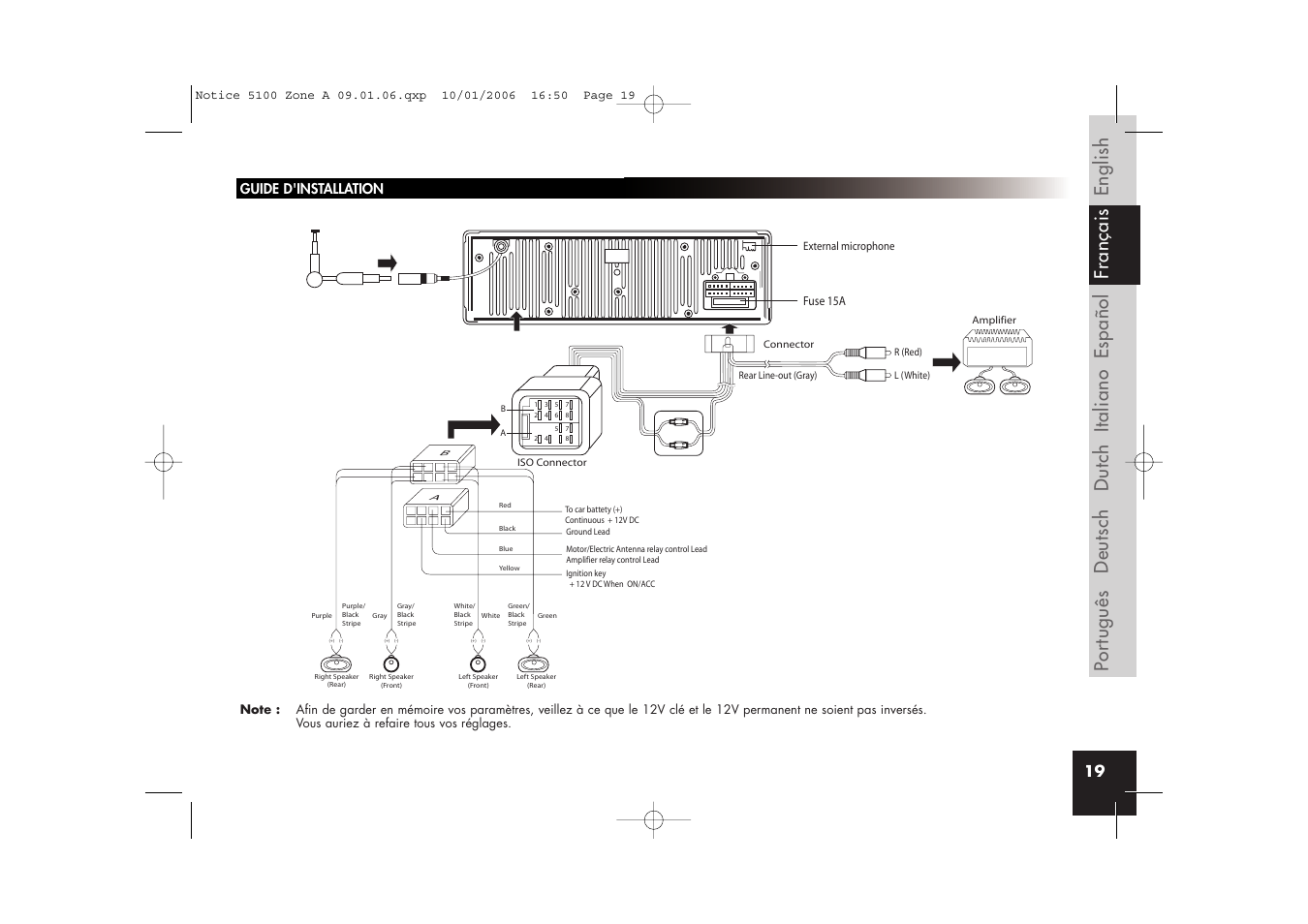 Guide d'installation | Parrot CD/MP3 Hands-free Receiver User Manual | Page 19 / 76