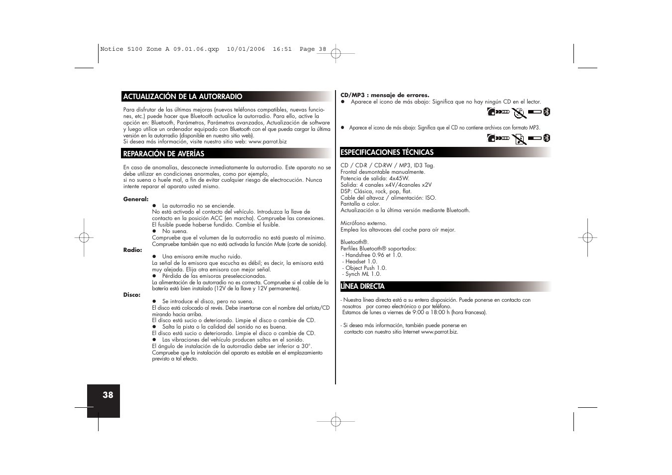 Parrot CD/MP3 Hands-free Receiver User Manual | Page 38 / 76