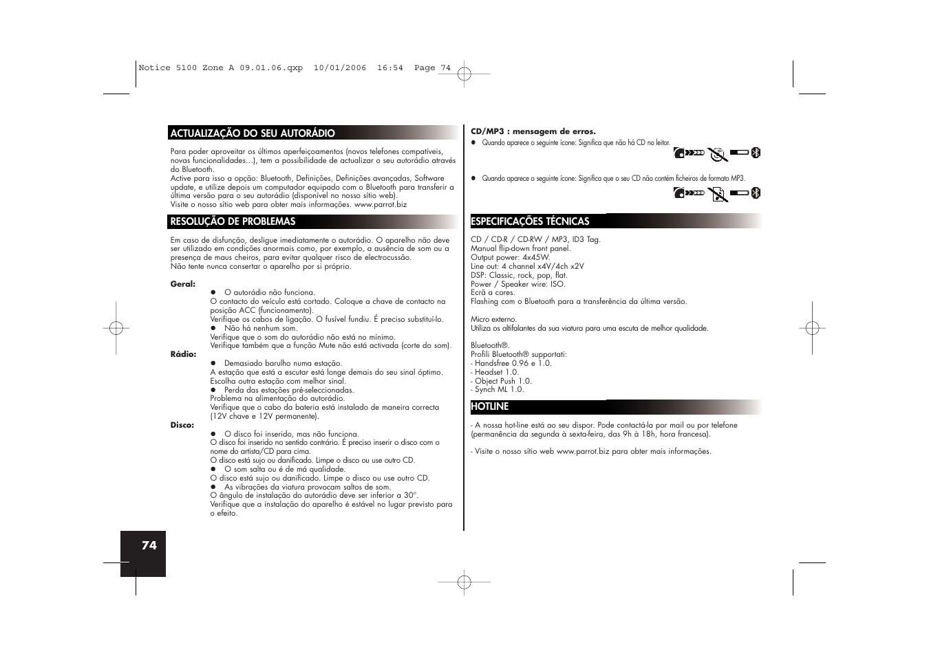 Parrot CD/MP3 Hands-free Receiver User Manual | Page 74 / 76