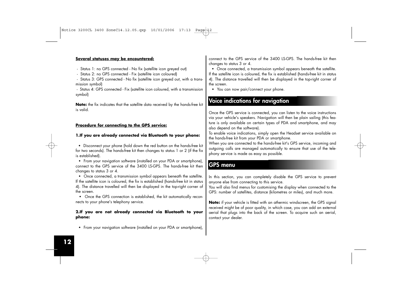 Voice indications for navigation, Gps menu | Parrot 3200 LS-Color User Manual | Page 12 / 80