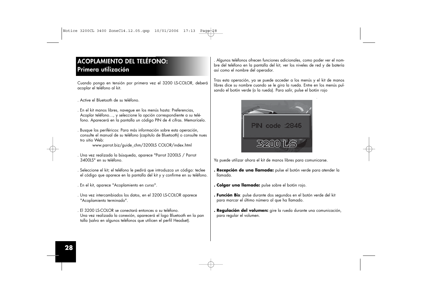 28 acoplamiento del teléfono: primera utilización | Parrot 3200 LS-Color User Manual | Page 28 / 80