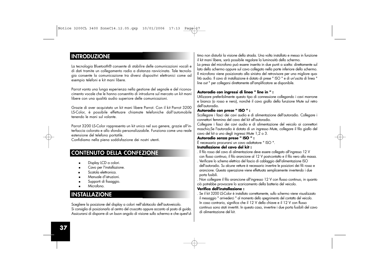 37 introduzione, Contenuto della confezione, Installazione | Parrot 3200 LS-Color User Manual | Page 37 / 80