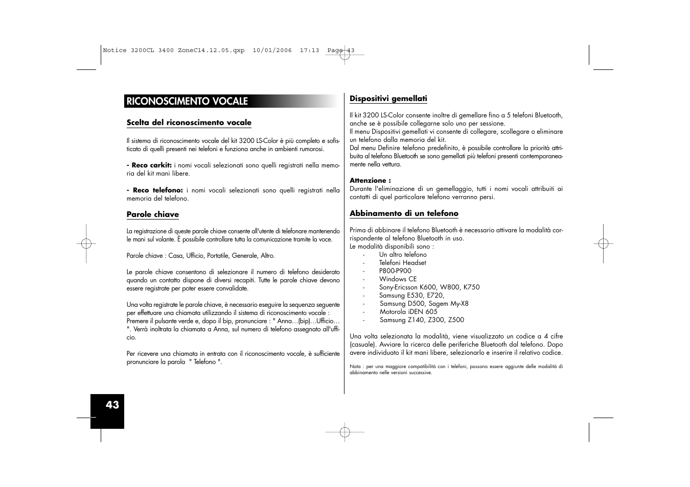 43 riconoscimento vocale | Parrot 3200 LS-Color User Manual | Page 43 / 80