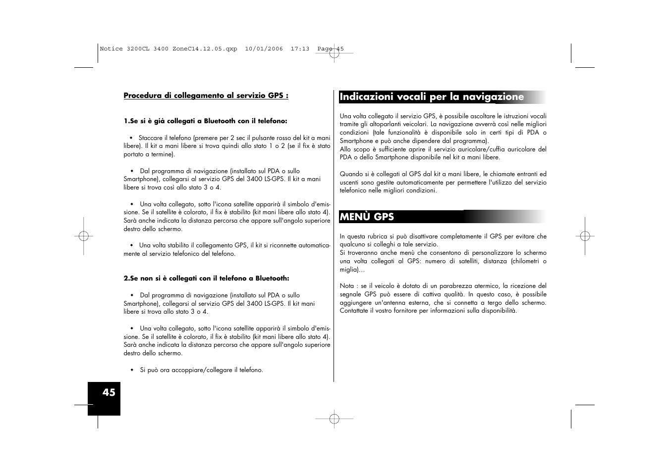 Indicazioni vocali per la navigazione, Menù gps | Parrot 3200 LS-Color User Manual | Page 45 / 80