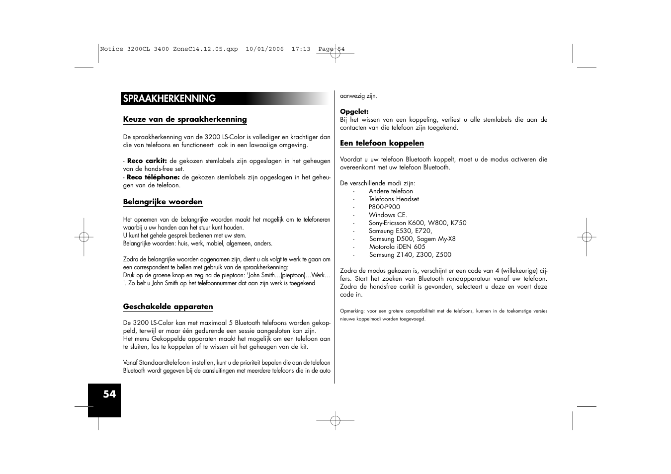 54 spraakherkenning | Parrot 3200 LS-Color User Manual | Page 54 / 80