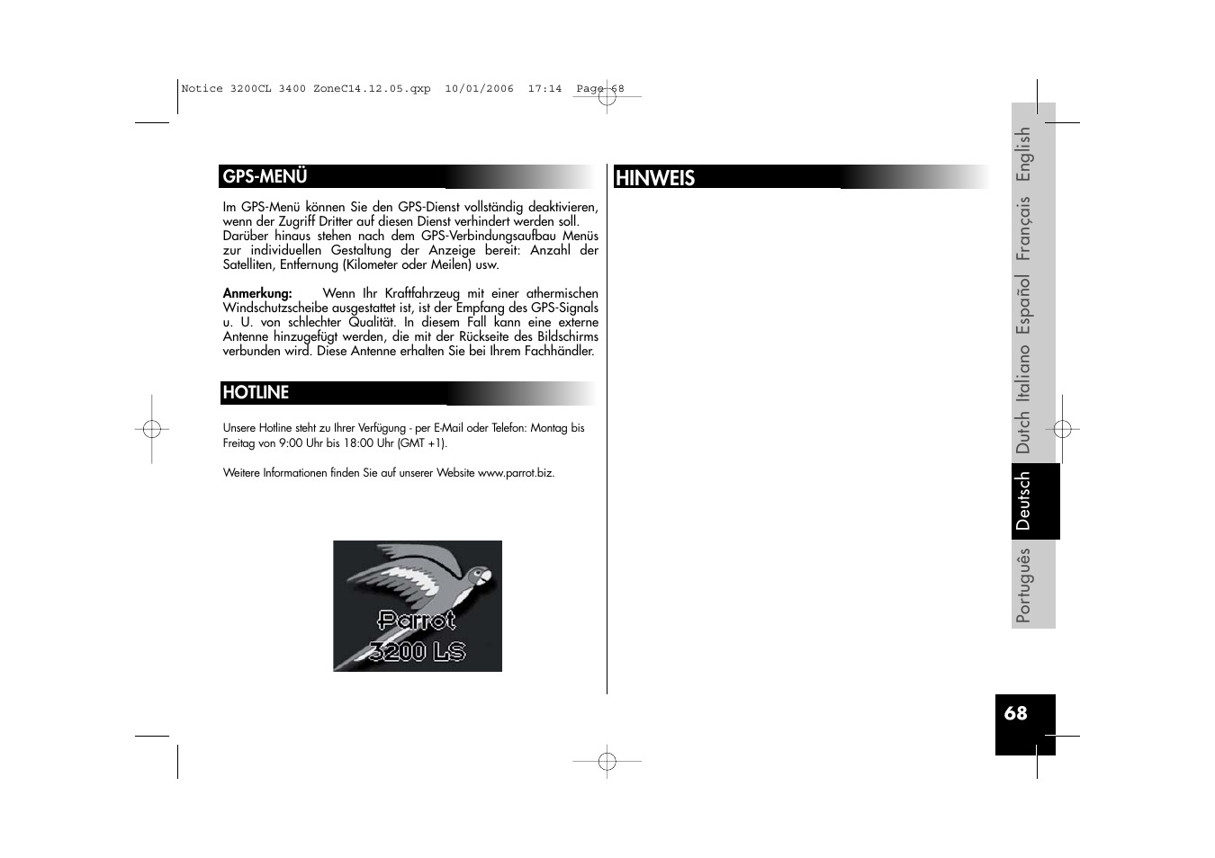 Hinweis | Parrot 3200 LS-Color User Manual | Page 68 / 80