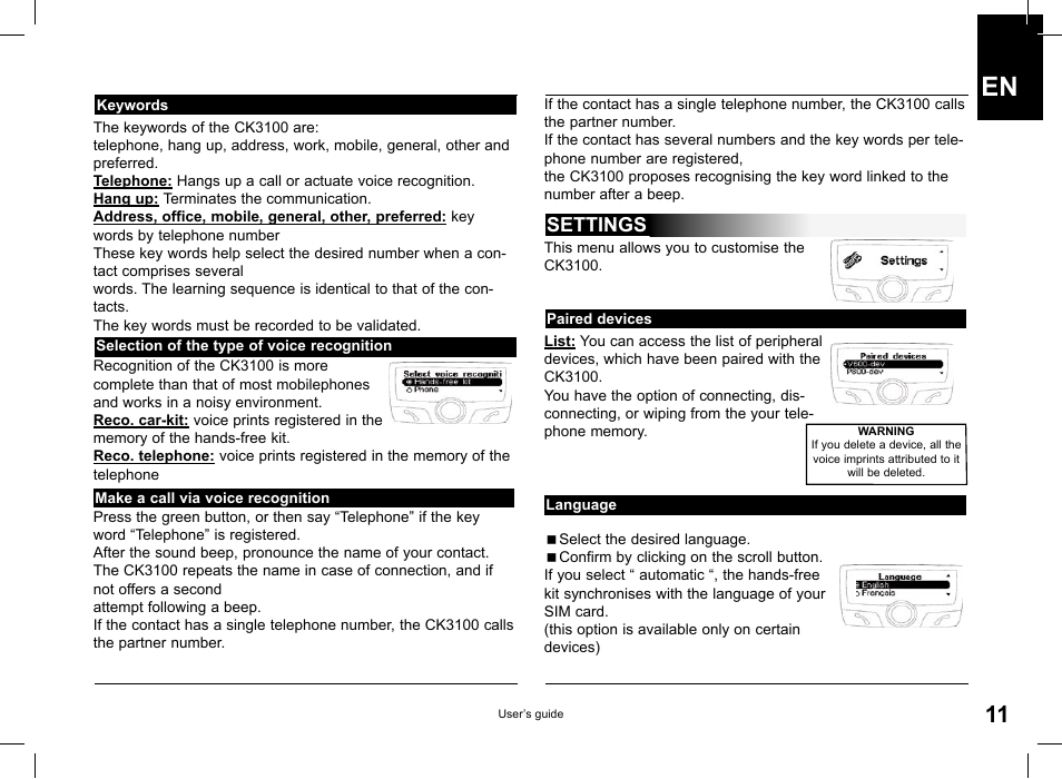 Settings | Parrot CK3100 User Manual | Page 11 / 80