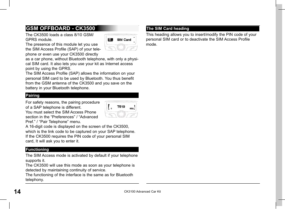 Gsm offboard - ck3500 | Parrot CK3100 User Manual | Page 14 / 80